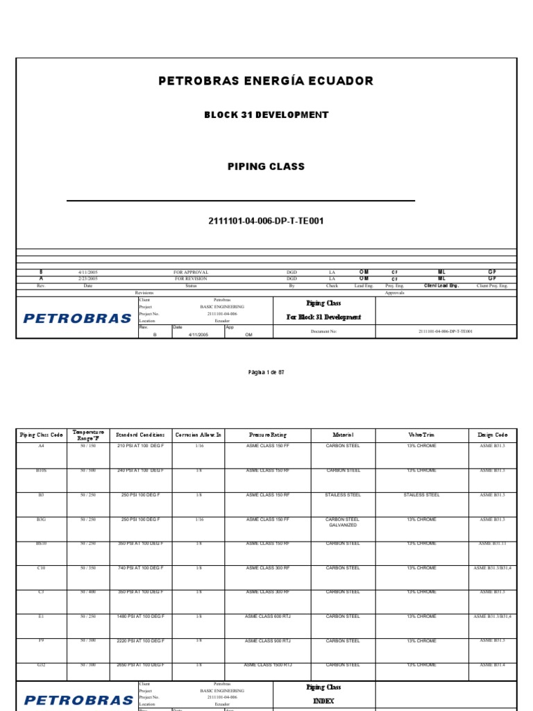 Revb Piping Class Petrobras | PDF | Pipe (Fluid Conveyance) | Valve