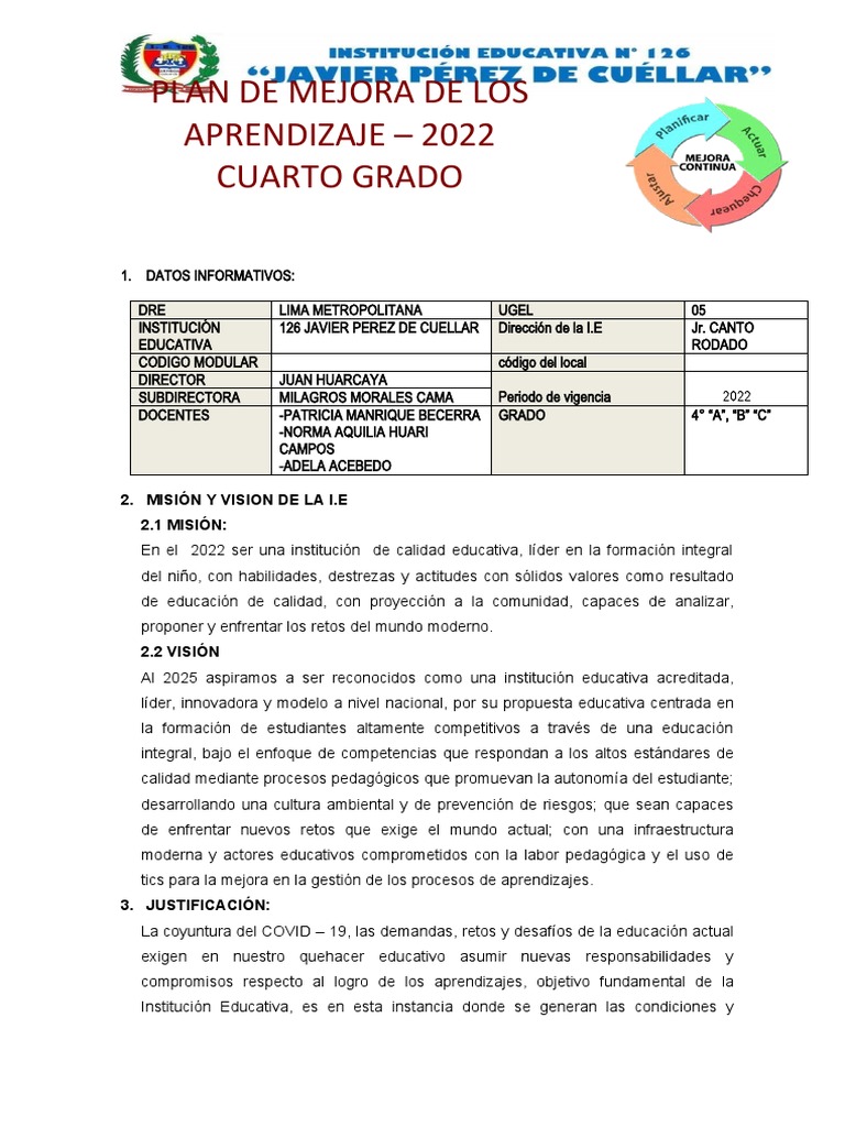 Plan de Mejora Aprendizajes 4° Grado 2022 | PDF | Evaluación ...