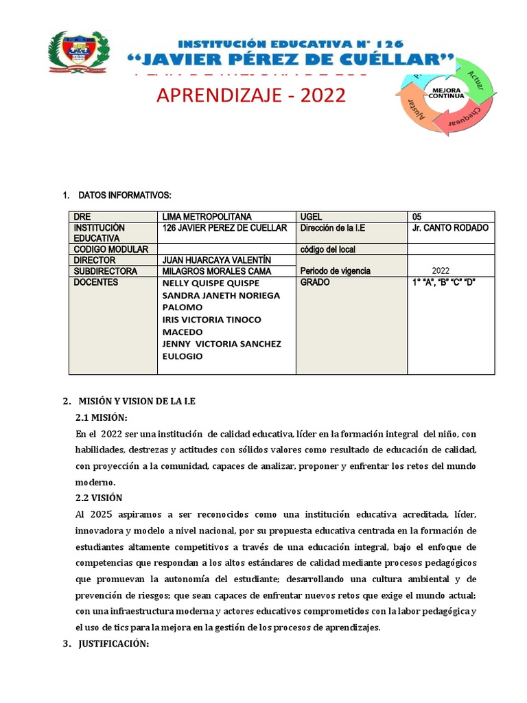 Plan de Mejora para Primer Grado 2022 | PDF | Evaluación | Aprendizaje