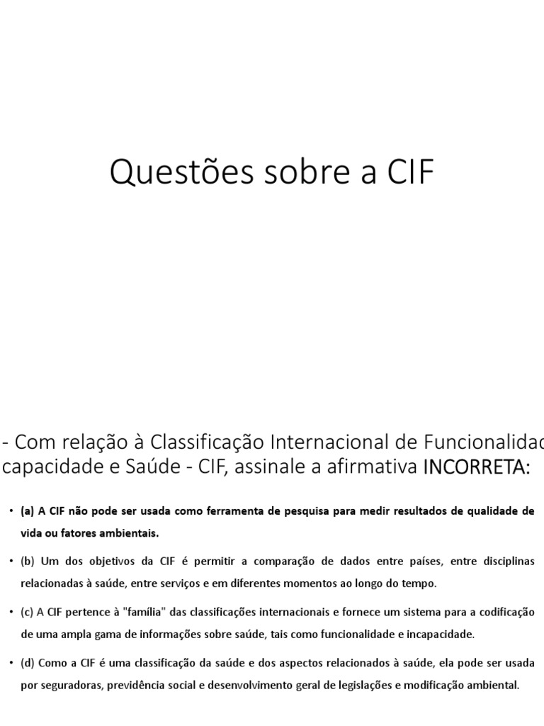 Questões sobre a CIF e Fatores Relacionados | PDF