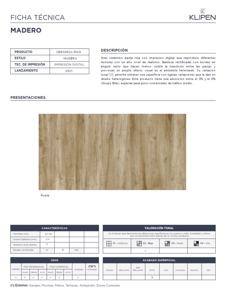 Madero Roble Mate 20X122 CM | PDF | Loseta | Ciencias fisicas