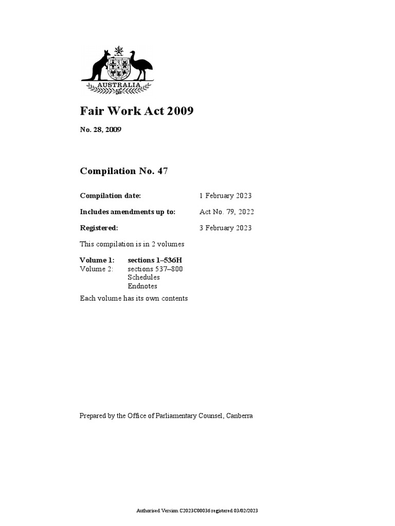 Fair Work Act 2009 Vol.1 PDF Parental Leave Employment