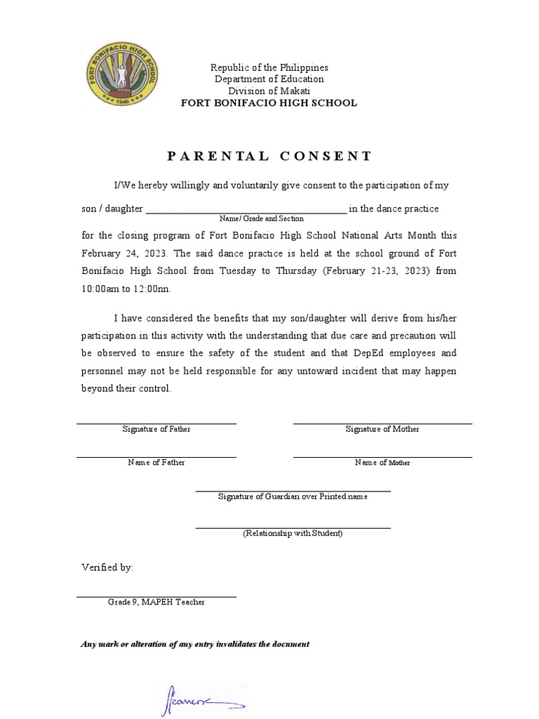 Parental Consent for Dance Practice | PDF