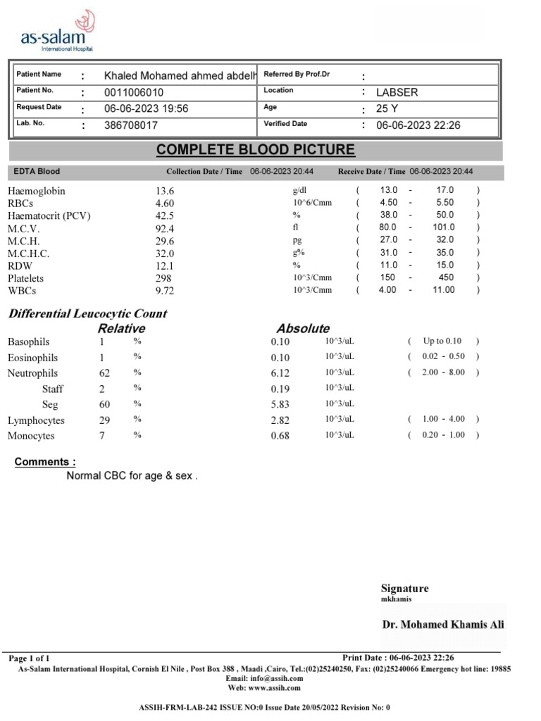 Complete Blood Count Results 2023 | PDF | White Blood Cell | Immunology