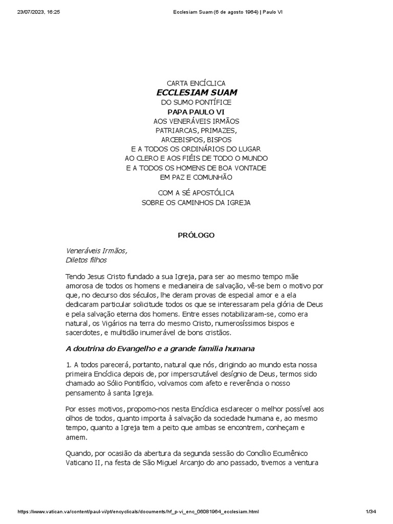 Ecclesiam Suam (6 de Agosto 1964) Paulo VI PDF Igreja católica