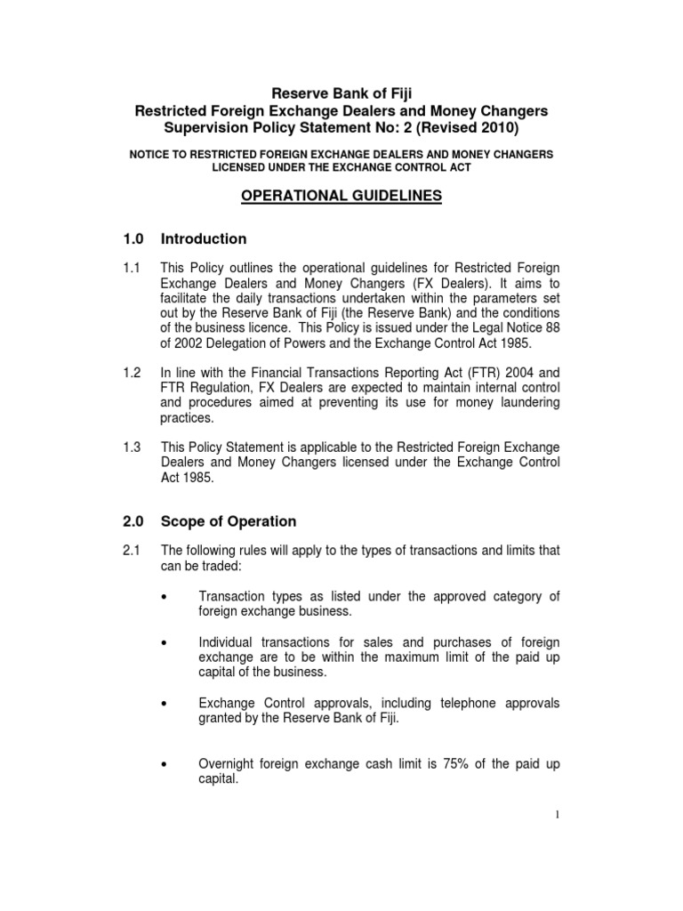 Fiji FX Dealers Operational Guidelines | PDF | Banks | Foreign Exchange ...