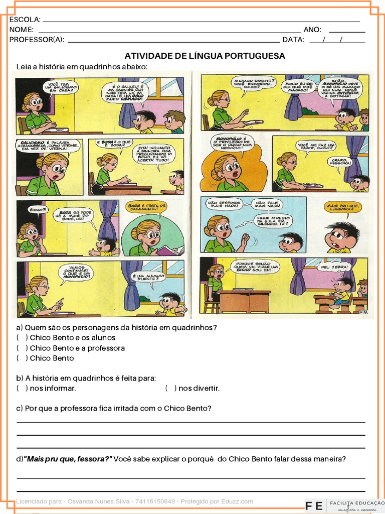 Atividade de Lingua Portuguesa Historia em Quadrinhos | PDF