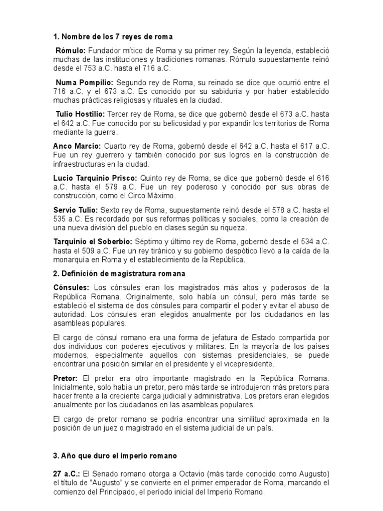 Los 7 Reyes de Roma y sus Legados | PDF | imperio Romano | Roma antigua