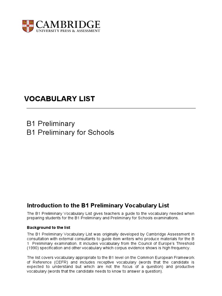 B1 Preliminary Vocabulary Guide | PDF | Verb | Syntax