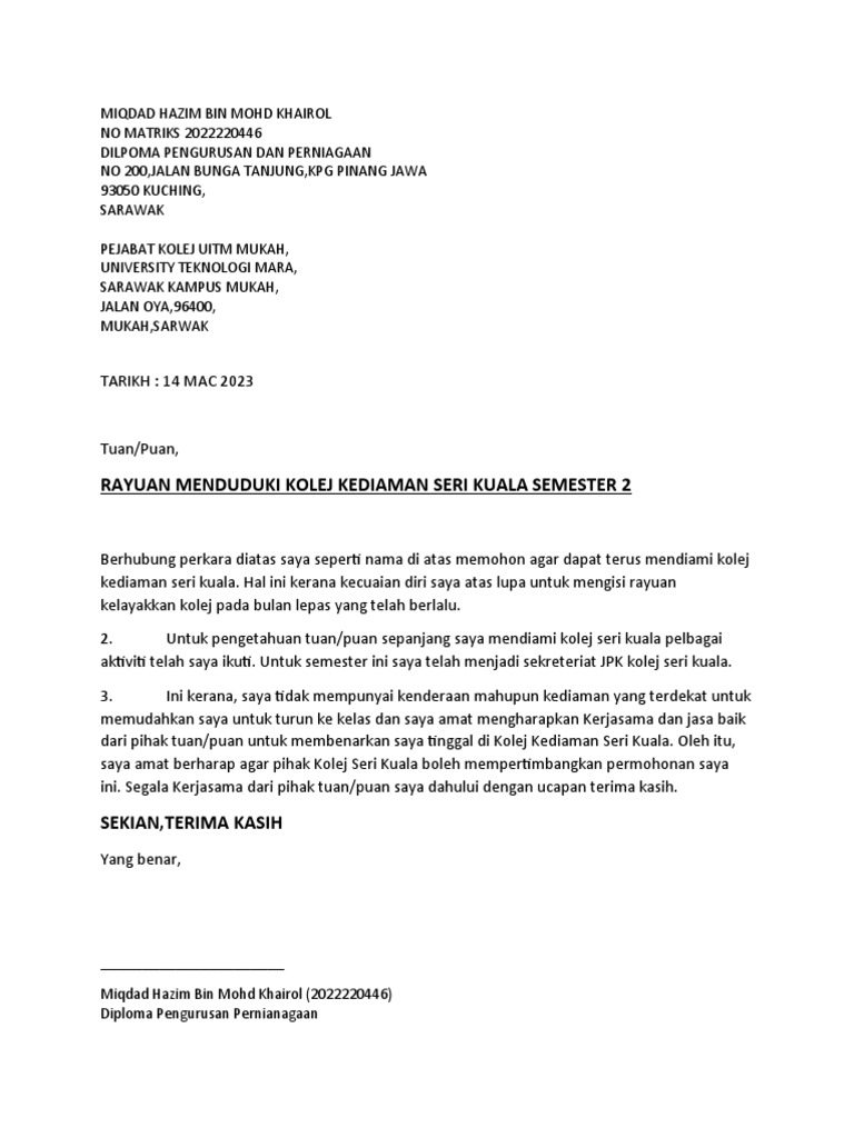 Surat Rayuan Kolej Kediaman | PDF
