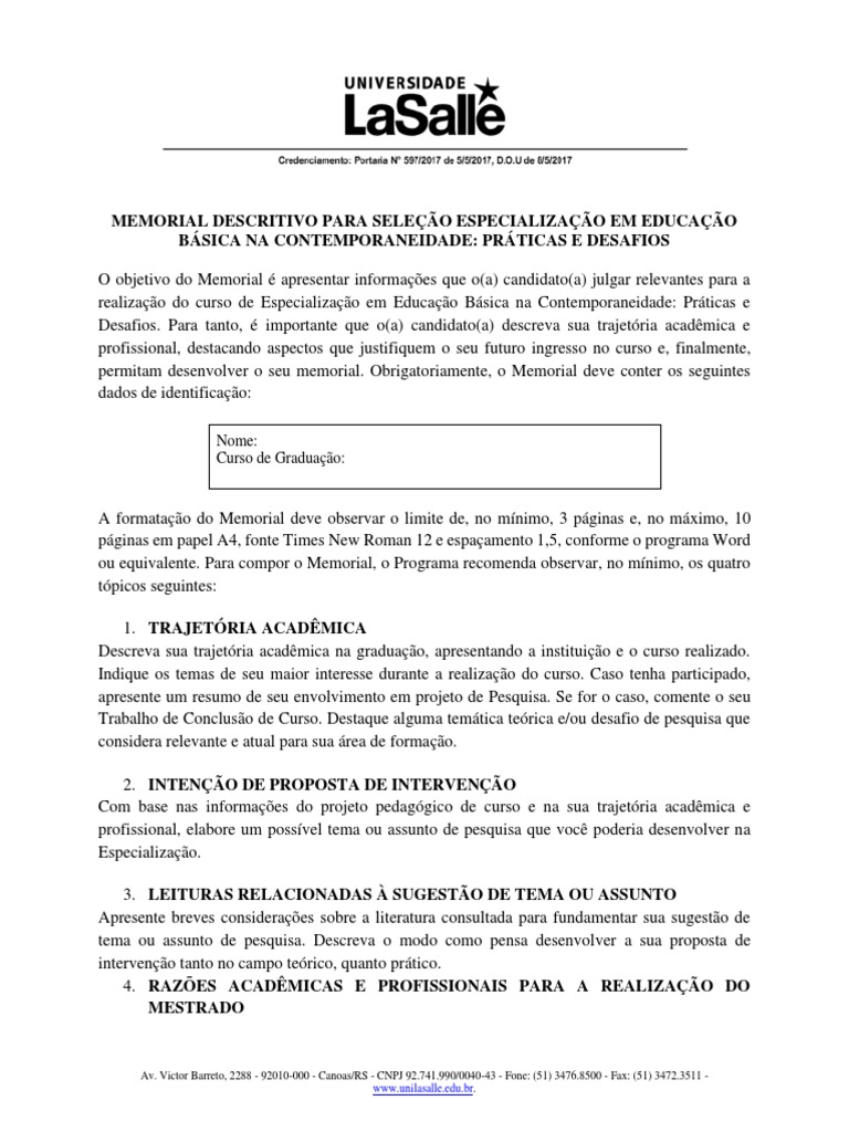 Memorial Descritivo para Especialização | PDF | Pedagogia