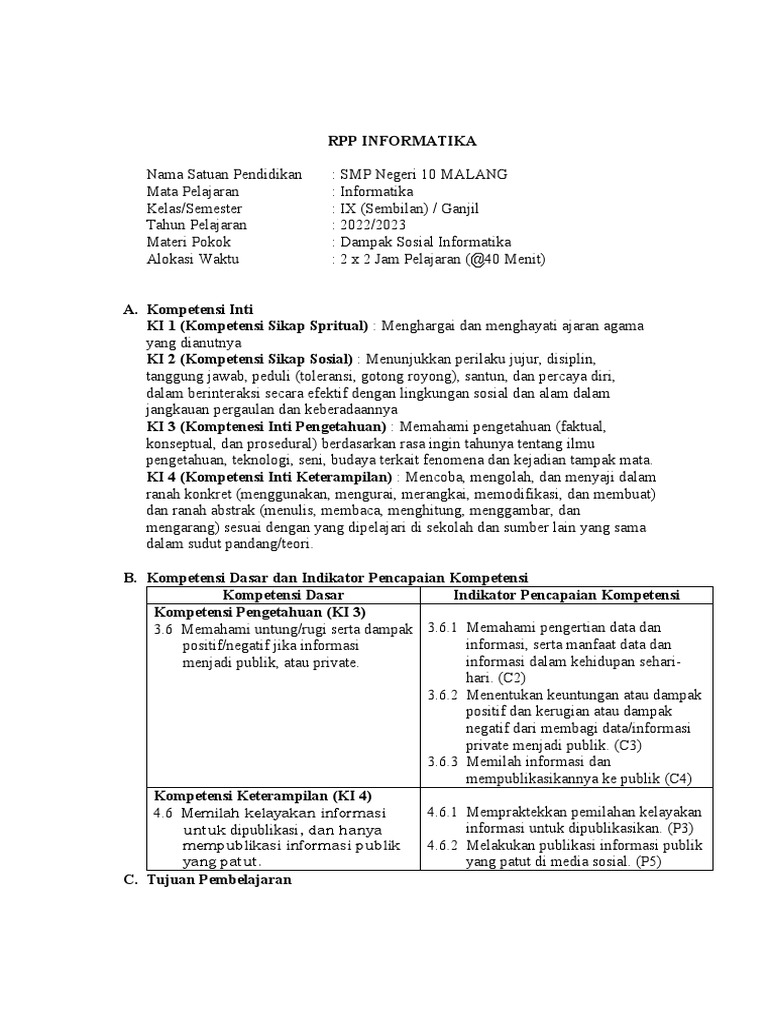 RPP Dampak Sosial Informatika Kelas 9 | PDF | Karier & Perkembangan