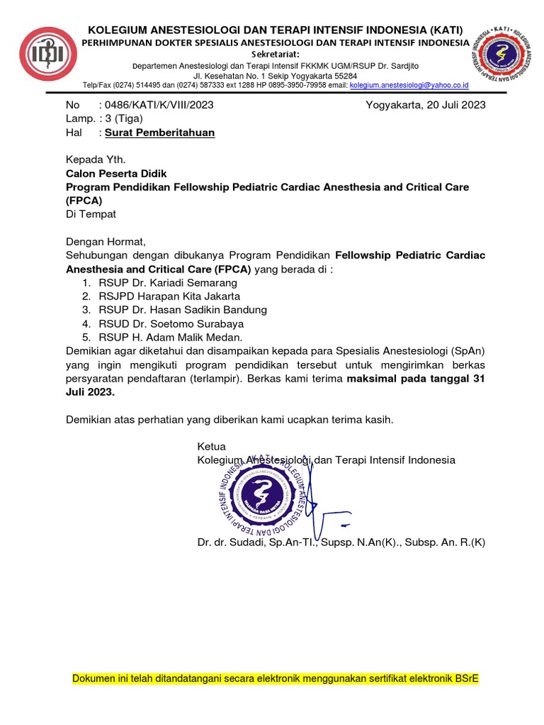 Pendidikan Fellowship Pediatric Cardiac Anesthesia And Critical Care