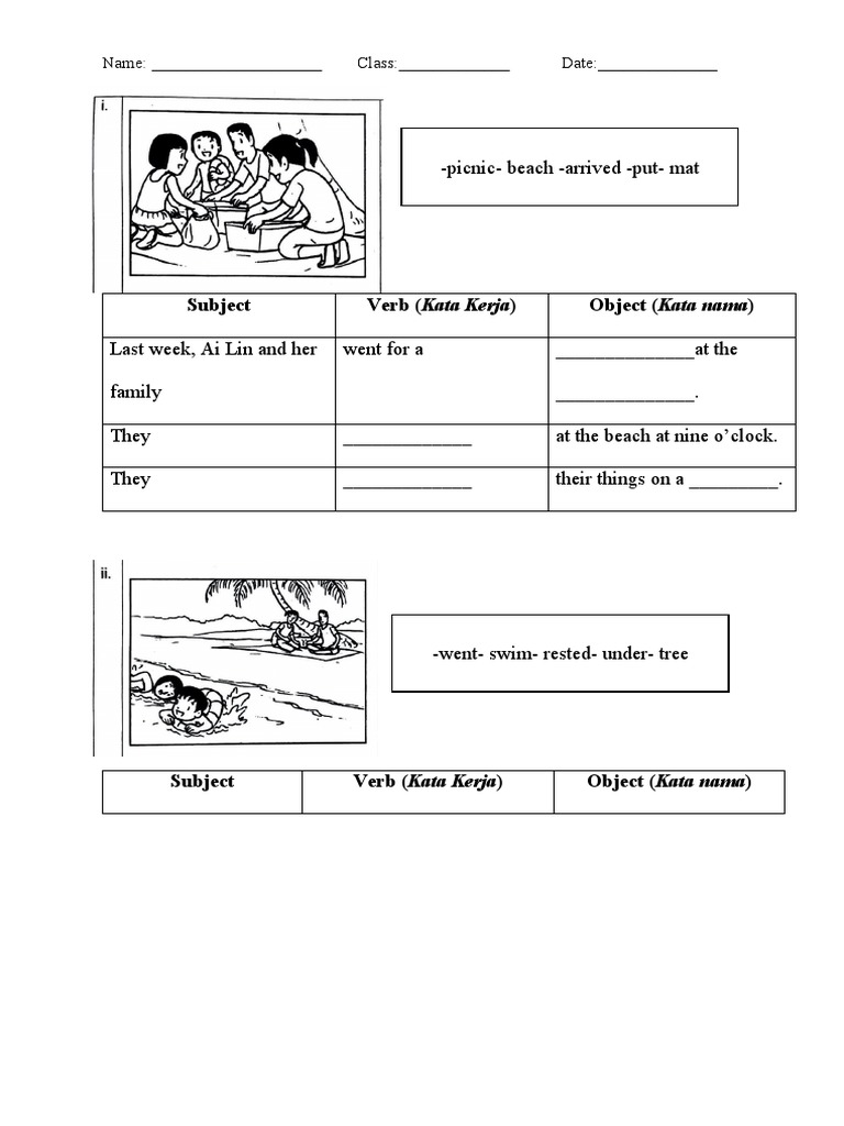 PicnicBeach Arrived Put Mat Subject Verb (Kata Kerja) Object