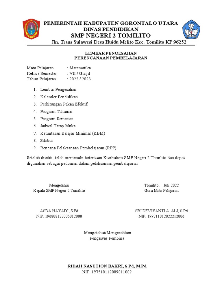 Lembar Pengesahan RPP Matematika SMP | PDF