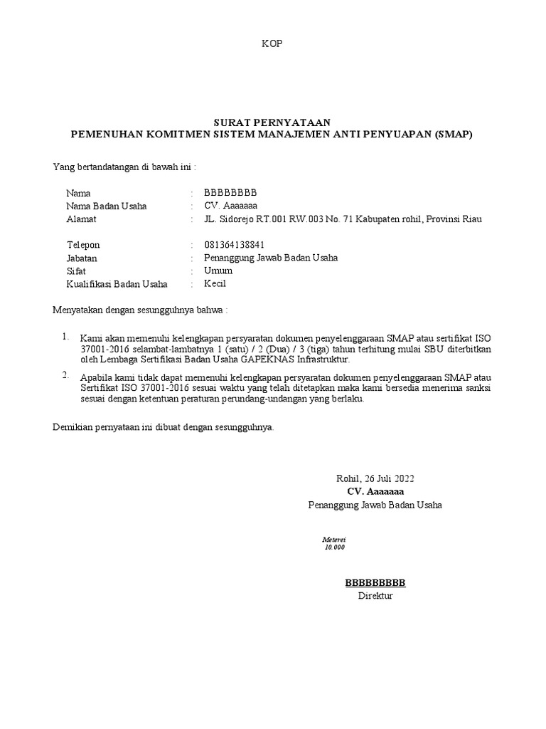 Surat Pernyataan Komitmen SMAP | PDF