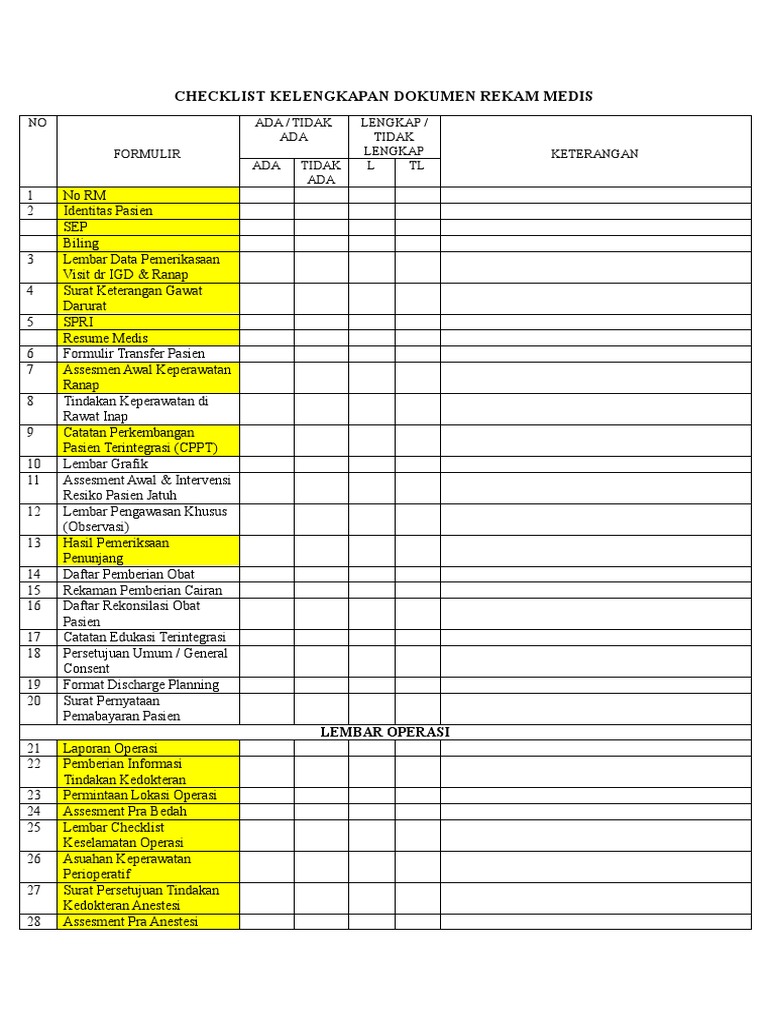 Checklist Dokumen Rekam Medis | PDF