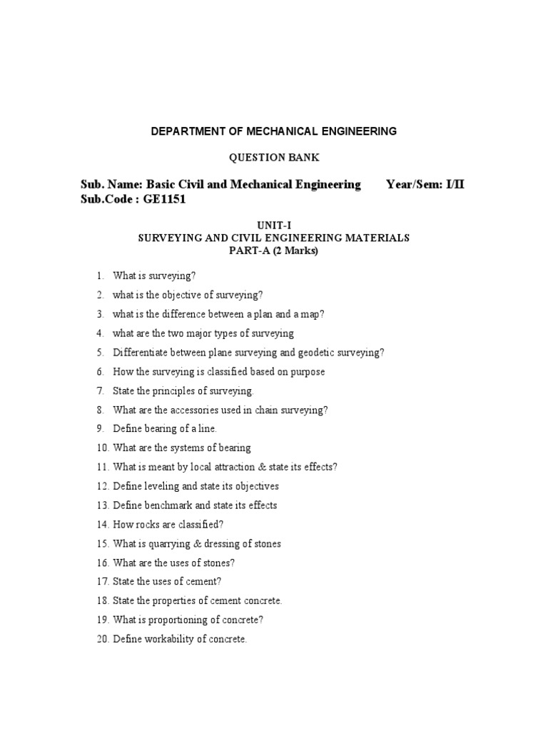 BCM Unit Wise Questions PDF Surveying Masonry
