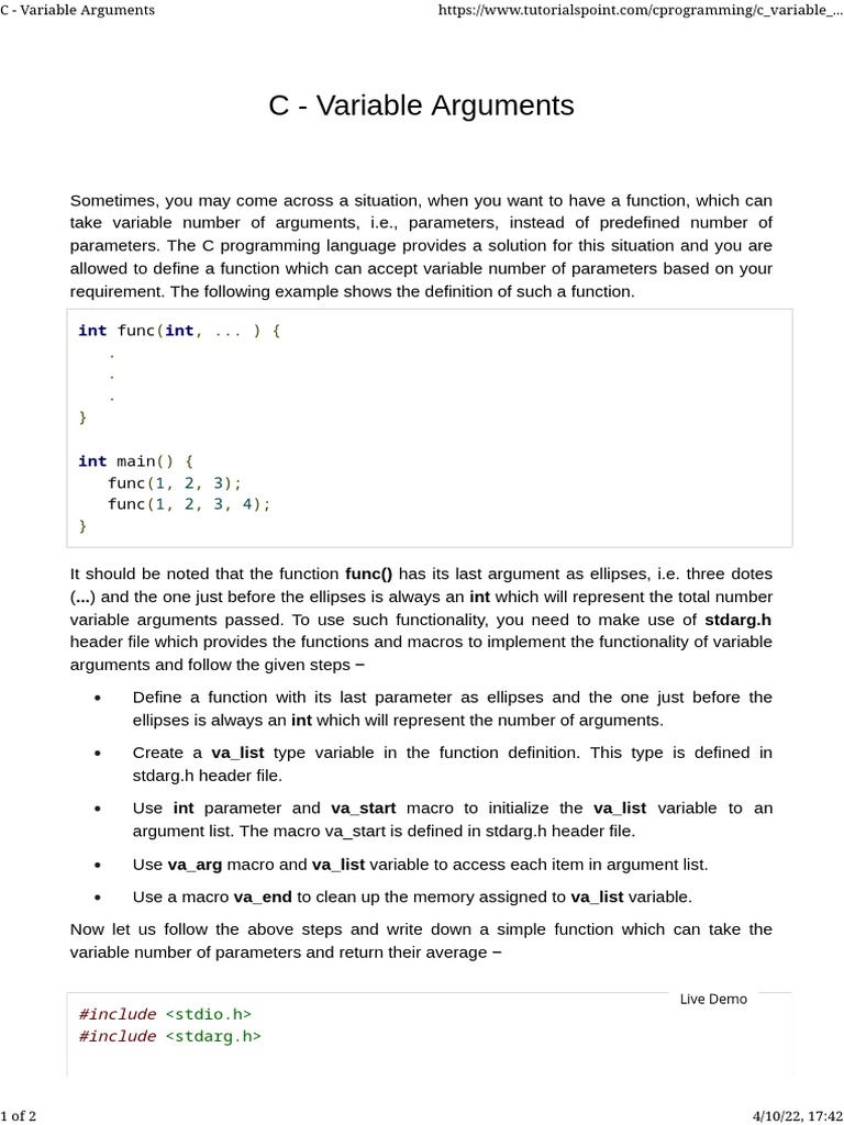 C - Variable Arguments | PDF | Parameter (Computer Programming ...
