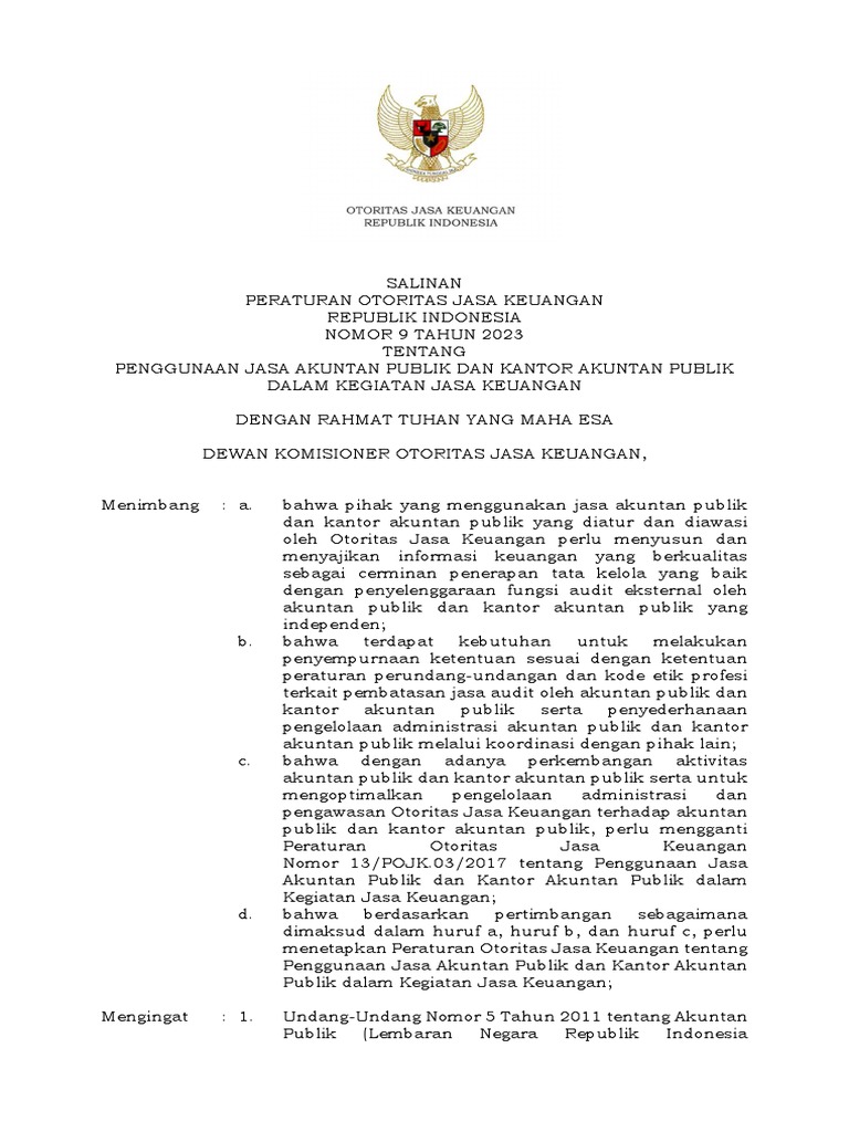 POJK 9 Tahun 2023 - AP KAP | PDF