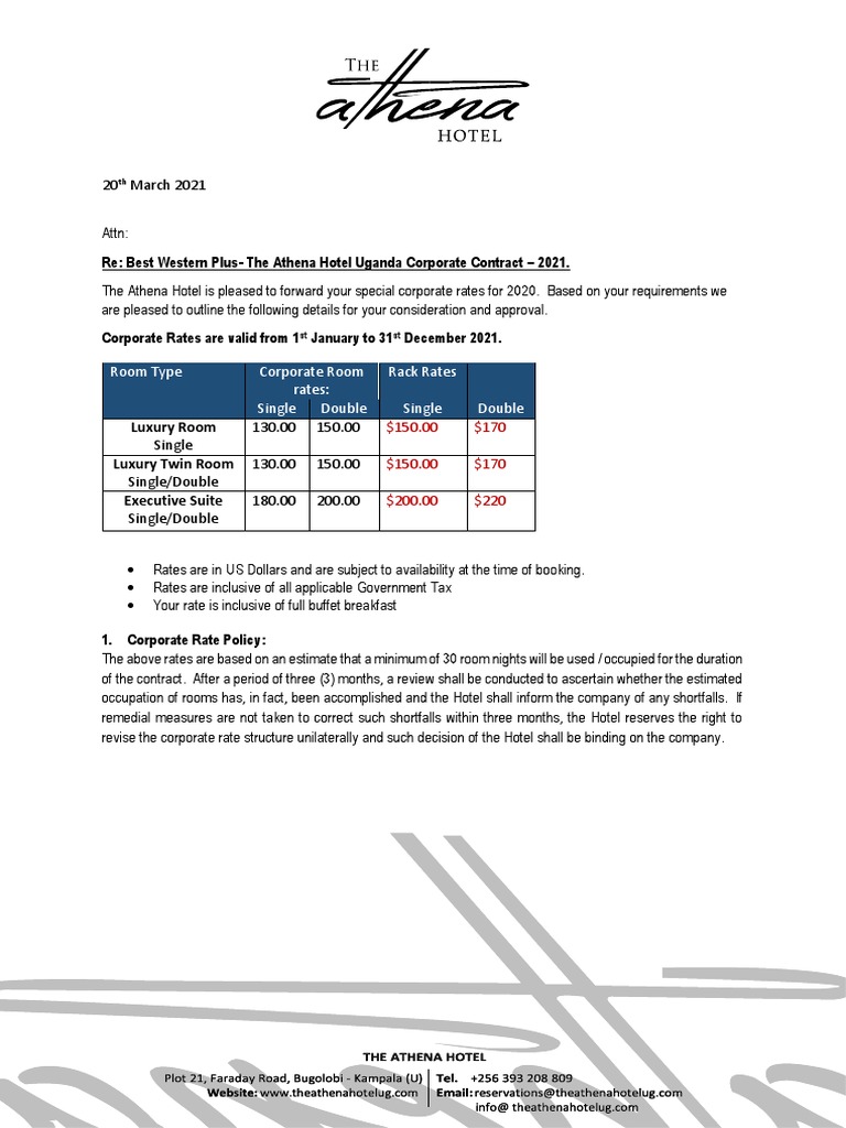 The Athena Hotel RATE CARD 2021 RTC PDF Credit Card Indemnity