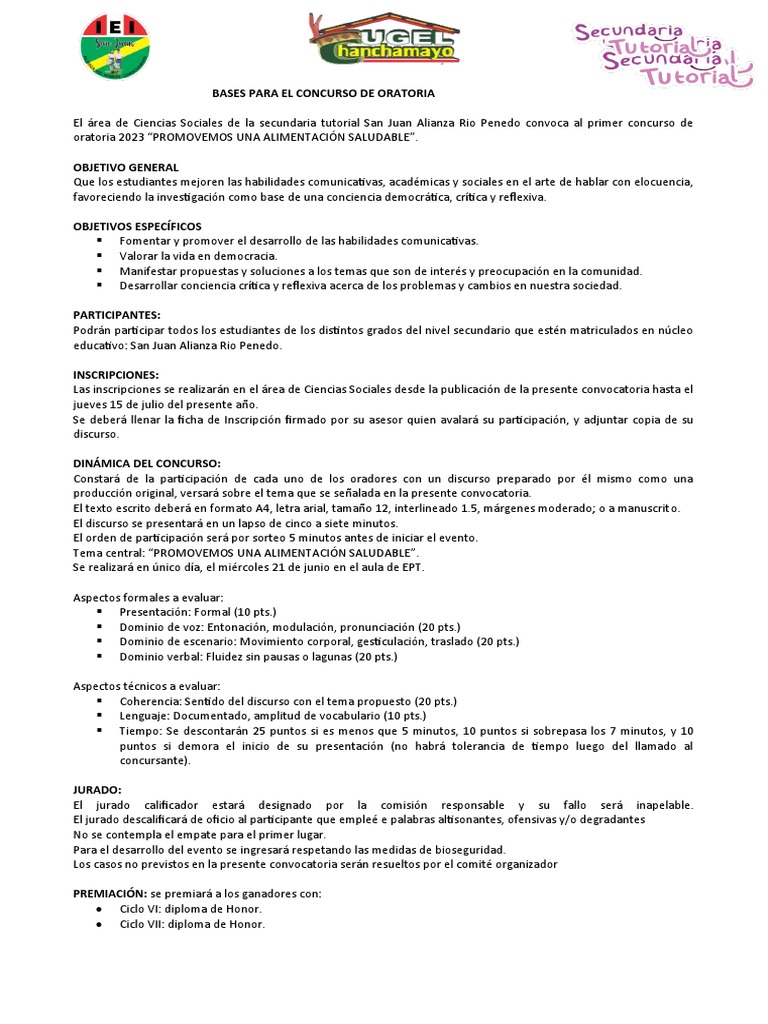 Bases para El Concurso de Oratoria | PDF | Hablar en público
