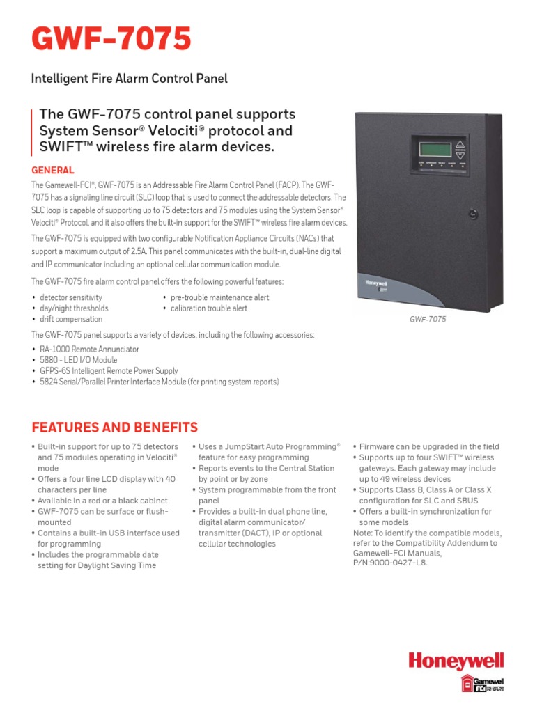 The GWF7075 Control Panel Supports System Sensor® Velociti® Protocol and SWIFT™ Wireless Fire