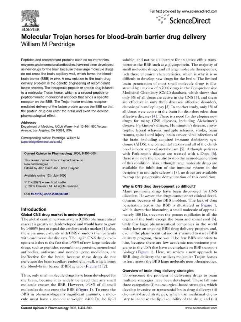 Molecular Trojan Horses For BloodBrain Barrier Drug Delivery PDF