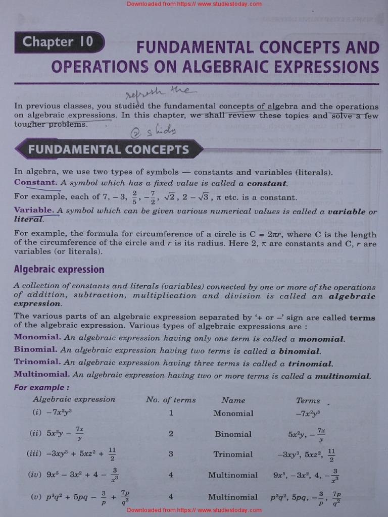 Class 8 ICSE Algebraic Expressions Worksheets | PDF