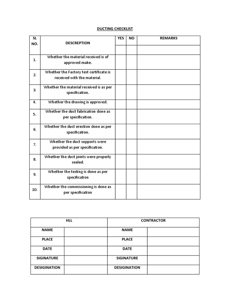 Duct Installation Inspection Checklist | PDF