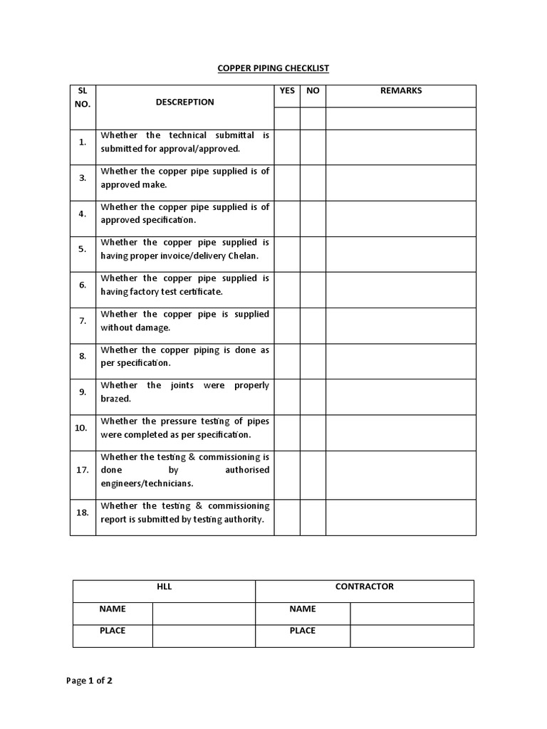 Copper Piping Checklist PDF