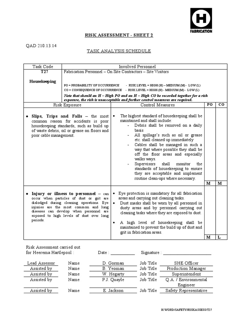 Housekeeping Risk Assessment Overview | PDF | Housekeeping | Risk