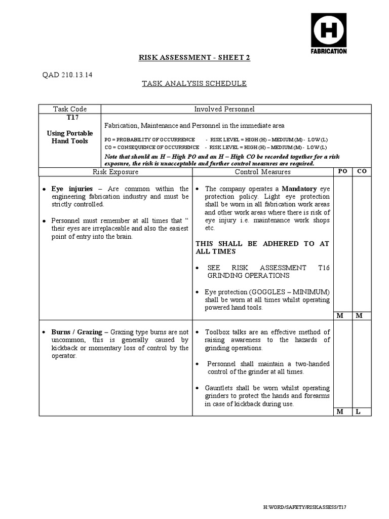 Hand Tool Hazards Risk Assessment | PDF | Personal Protective Equipment ...