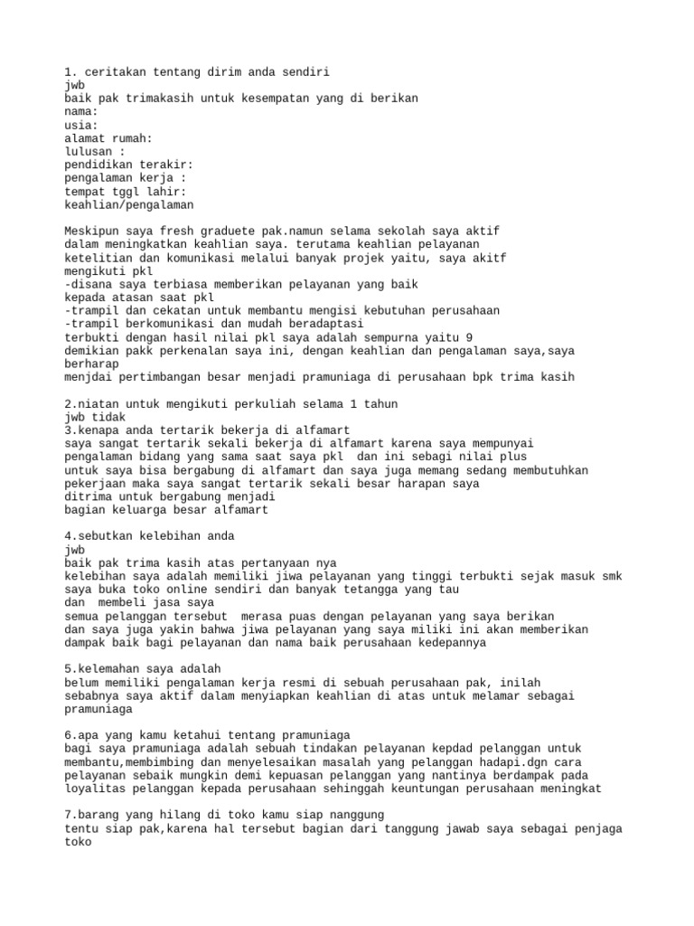 Persiapan Interview Pramuniaga Alfamart | PDF | Bisnis