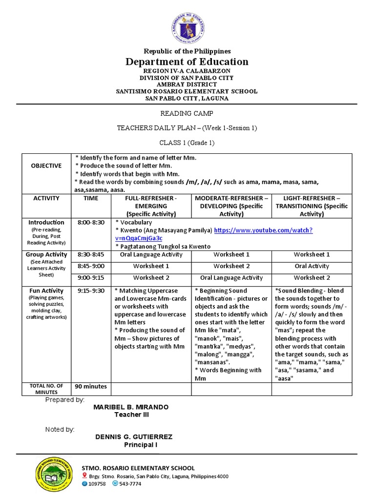 Grade 1 Reading Camp Plan | PDF | Phonics | Cognition