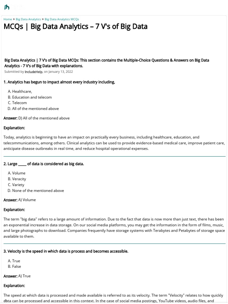 MCQs - Big Data Analytics - 7 V's of Big Data | Download Free PDF | Big ...