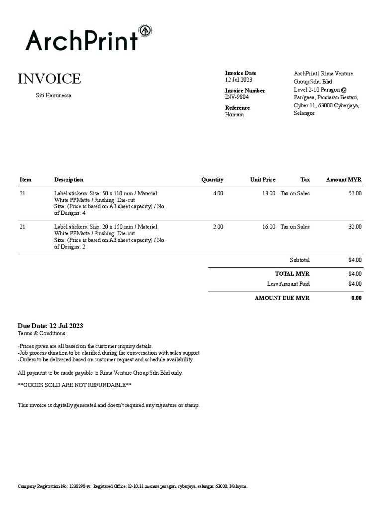 Invoice for ArchPrint Services | PDF | Invoice | Business