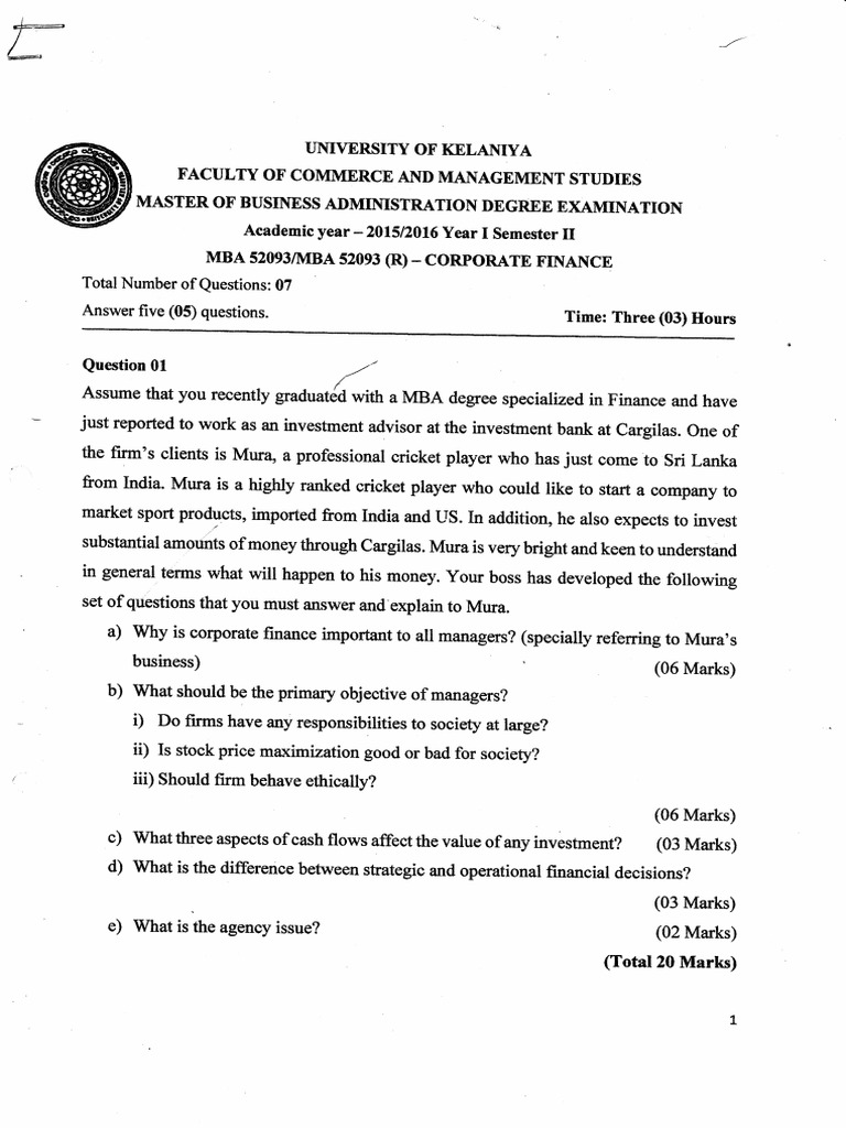 MBA Corporate Finance Exam Questions | PDF | Depreciation | Stocks