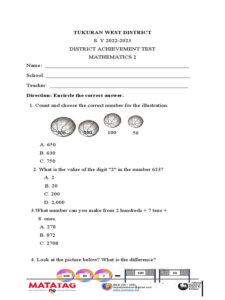 Tukuran West Math Test 2022-2023 | PDF