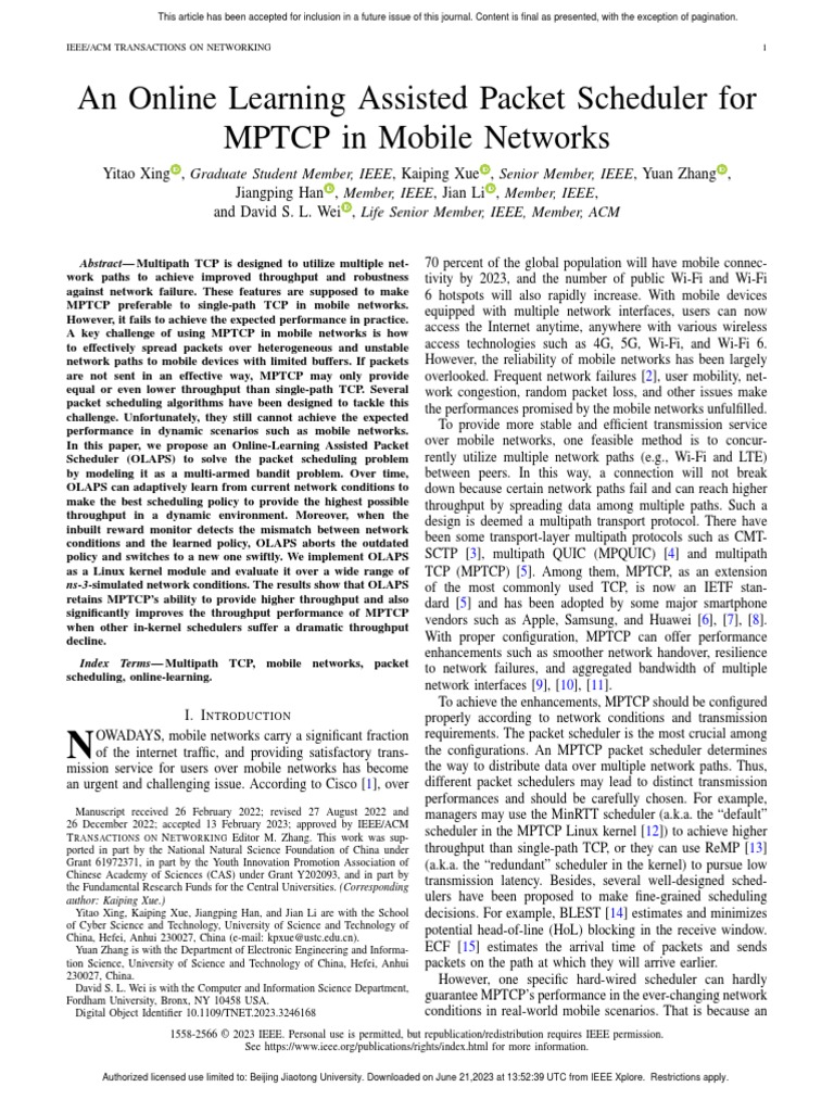 An Online Learning Assisted Packet Scheduler For MPTCP in Mobile ...