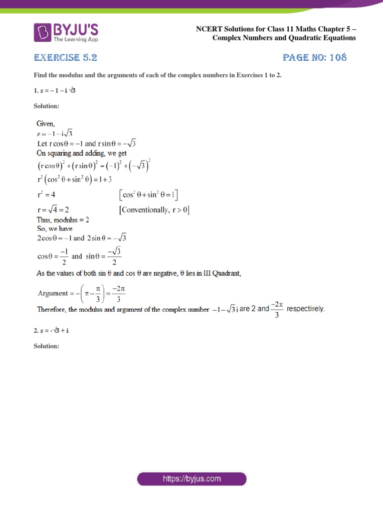 NCERT Solutions For Class 11 Maths Chapter 5 Complex Numbers and ...