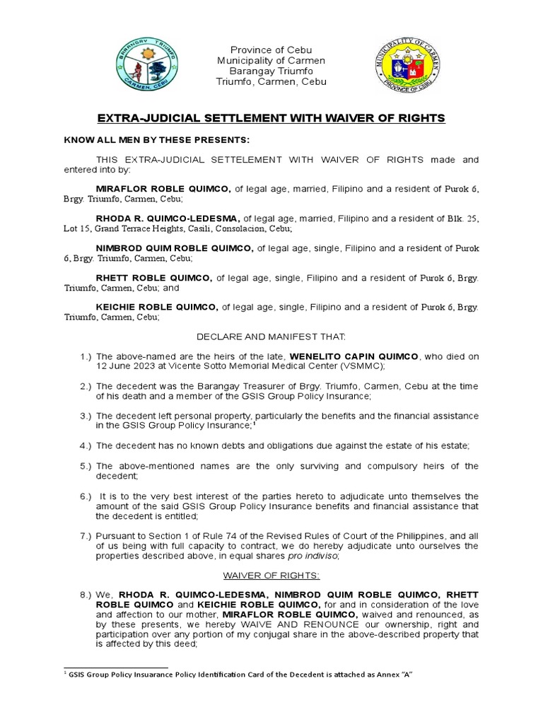Extra Judicial With Waiver of Rights | PDF | Legal Documents | Government
