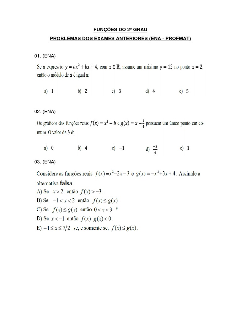 Funções do 2º Grau: Problemas e Gabarito | PDF
