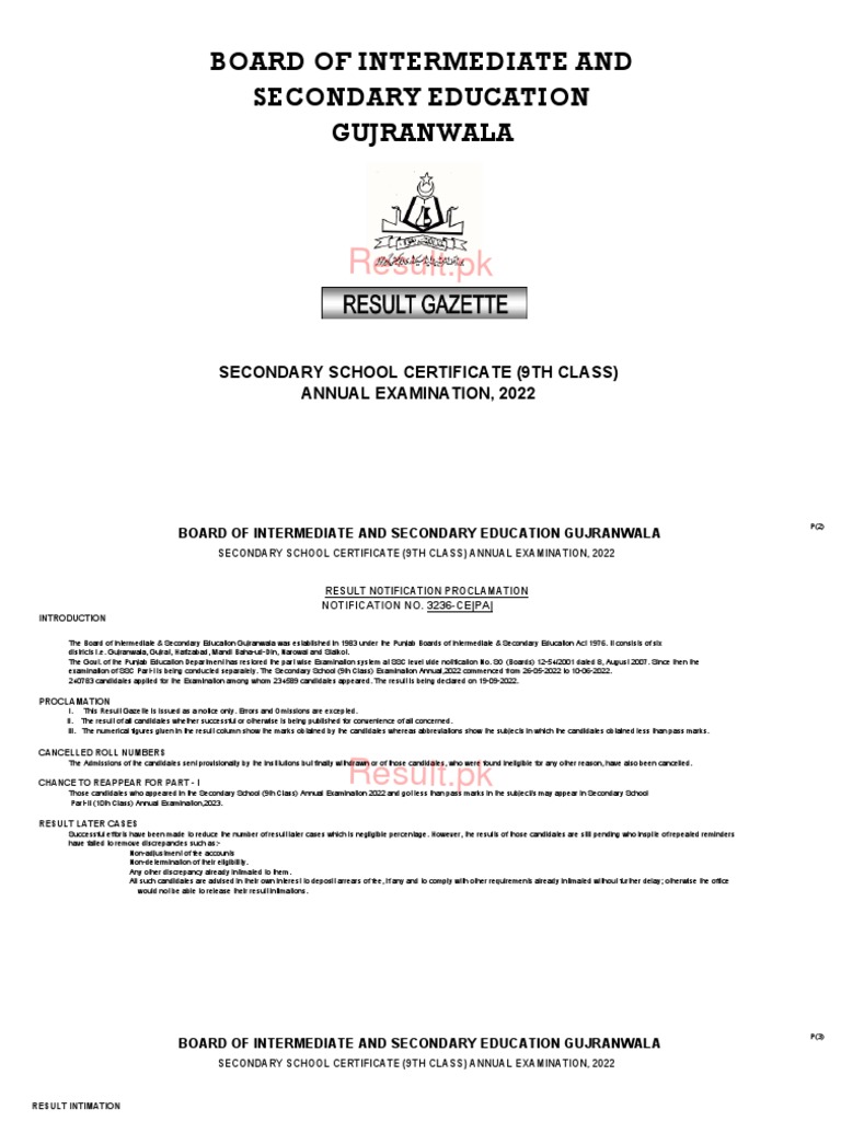 Bise GRW 9th Class Result 2022 Gazette PDF