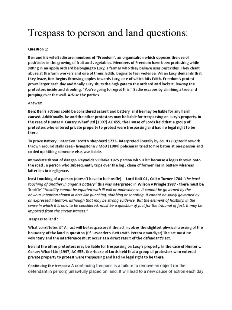 Trespass to Person and Land Analysis | PDF | Trespass | Common Law