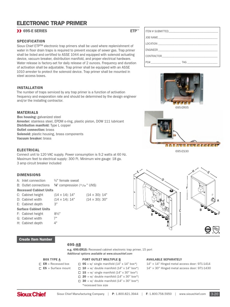 695 e Series Electronic Trap Primer Etp Recessed and Surface