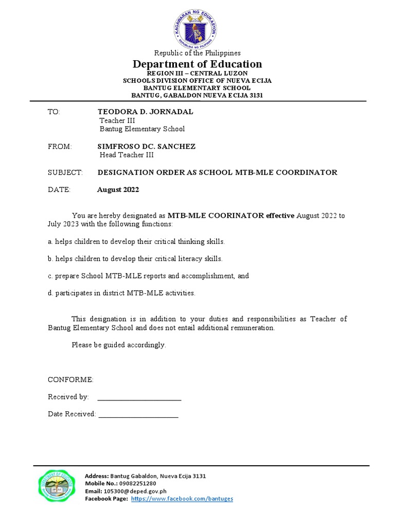 MTB-MLE Coordinator Designation Report | PDF