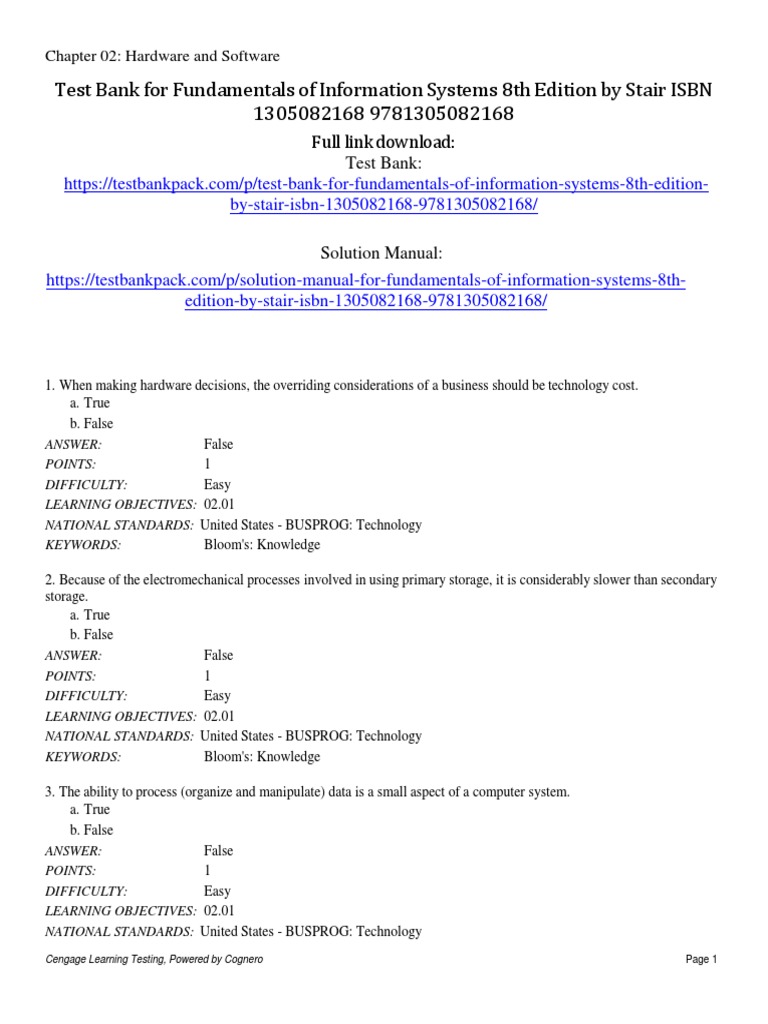 Fundamentals of Information Systems 8th Edition by Stair ISBN Test Bank ...