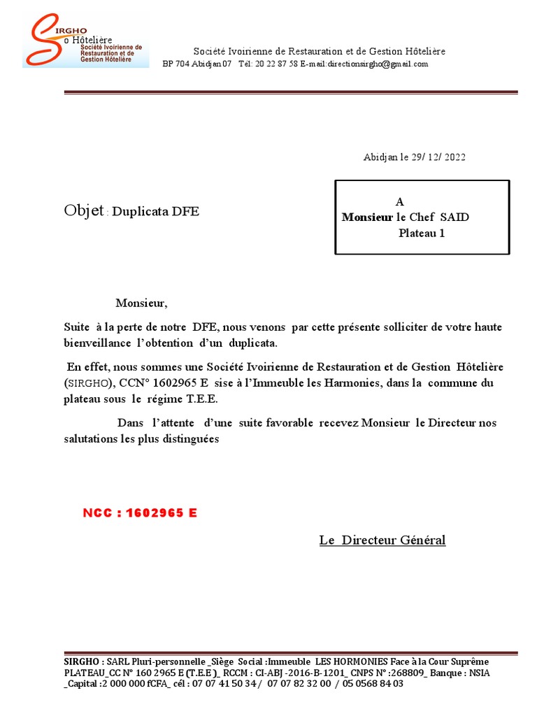 Demande de duplicata DFE SIRGHO | PDF