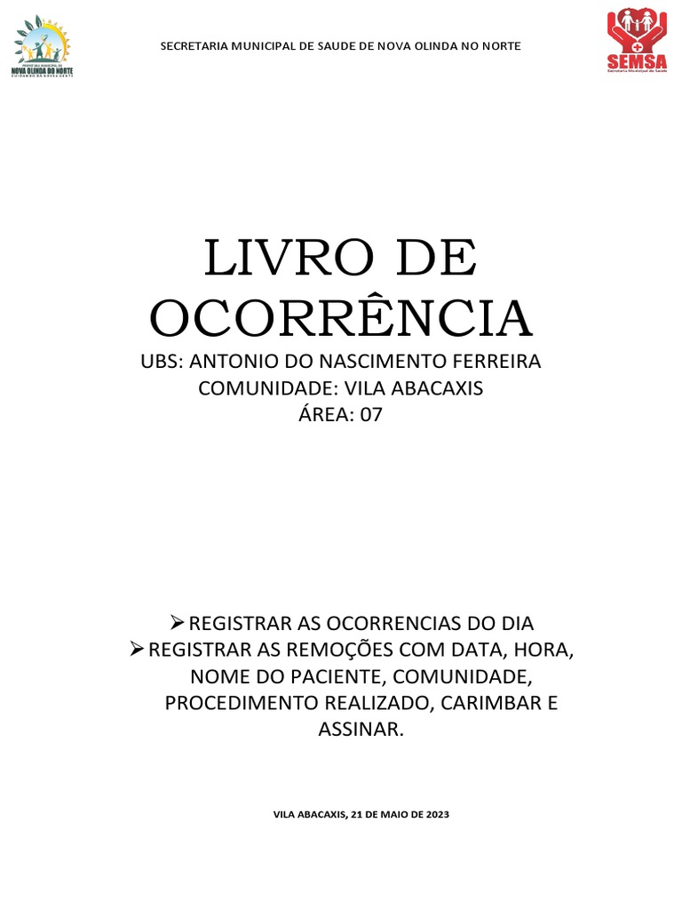 Livro de Ocorrência da UBS Vila Abacaxis | PDF